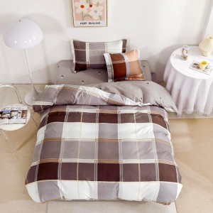 Lenjerie pat 1 PERSOANA,  FINET, 4 piese, cu ELASTIC, Maro, carouri