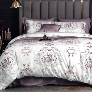 Lenjerie pat dublu,  FINET, 6 piese, Gri, flori, model oriental