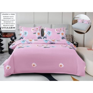 Lenjerie pat dublu, bumbac satinat,  Cearșaf cu ELASTIC 180x200cm, 4 PIESE, Roz, flori