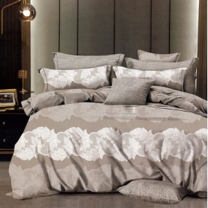 Lenjerie pat dublu,  FINET, 6 piese, cu ELASTIC, Bej, frunze