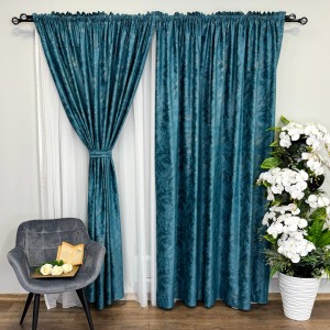 Draperie Catifea MYKONOS cu valuri rafinate aurii, 140cm latime x 260cm înălțime, cu TIV LAT, Turquoise - V6