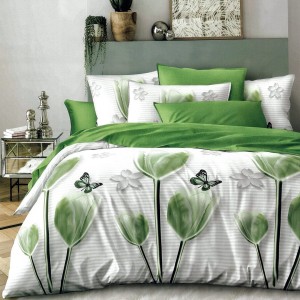 Lenjerie pat dublu,  FINET, 6 piese, Verde, lalele, fluturi