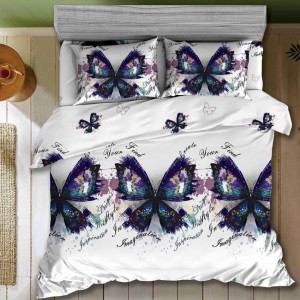 Lenjerie pat dublu, 4 piese, IMPRIMEU 3D Multiplicat Multiplicat, Microfibra, Albastru, fluturi
