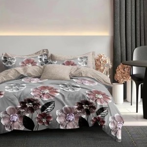 Lenjerie pat dublu,  FINET, 6 piese, cu ELASTIC, Gri, flori