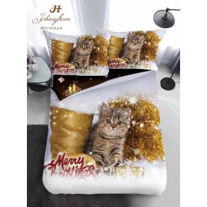 Lenjerie pat 1 PERSOANA, BUMBAC FINET, 4 piese, Identică cu Poza, Craciun, Gri, Auriu, pisicuță, beteala, cizma
