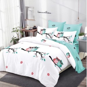 Lenjerie pat dublu,  FINET, cu elastic, 6 piese, Alb, Bleu, Bufnite