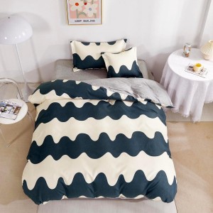 Lenjerie pat 1 PERSOANA,  FINET, 4 piese, cu ELASTIC, Crem-Bleumarin, valuri