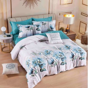 Lenjerie pat dublu,  FINET, 6 piese, cu ELASTIC, Jojo Home, Alb-Bleu, flori