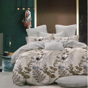 Lenjerie pat dublu,  FINET, 6 piese, cu ELASTIC, Grej, flori