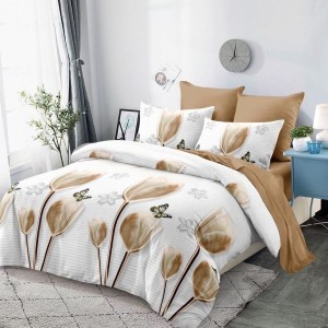 Lenjerie pat dublu,  FINET, cu elastic, 6 piese, Alb, Bej, Lalele, Fluturi