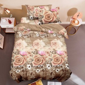 Lenjerie pat 1 PERSOANA, 3 piese, IMPRIMEU 3D Multiplicat, Microfibra, Bej, trandafiri