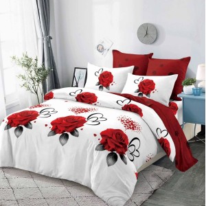 Lenjerie pat dublu,  FINET, cu elastic, 6 piese, Rosu, trandafiri, inimioare