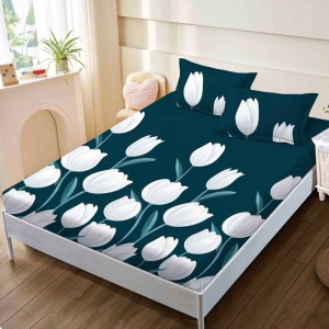 Cearsaf cu elastic, FINET, 160x200cm, 2 fete de perne 50x70cm, Albastru, Alb, Lalele – confort și eleganță pentru patul tău