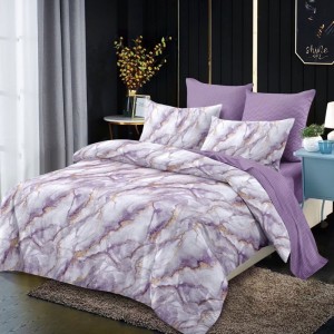 Lenjerie pat dublu,  FINET, cu elastic, 6 piese, Mov, Marmura