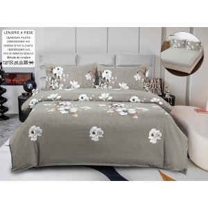 Lenjerie pat dublu, bumbac satinat,  Cearșaf cu ELASTIC 180x200cm, 4 PIESE, Grej, flori