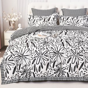 Lenjerie de Pat Dublu, Super Premium,  Finet Ranforsat – Set Exclusivist 6 Piese, Ambalat în Cutie de Lux, Alb, Negru, flori