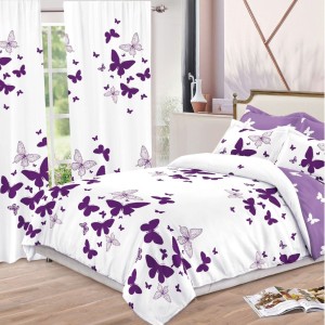 Lenjerie pat dublu,  FINET, 8 piese, cu 2 DRAPERII INCLUSE, Alb, Mov, fluturi