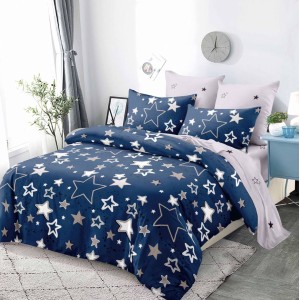 Lenjerie pat dublu,  FINET, cu elastic, 6 piese, Albastru, stelute