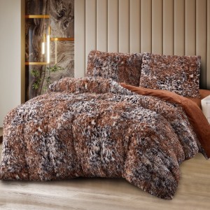 Lenjerie Cocolino Fluffy Super Pufoasă, Set 4 Piese, Pat Dublu, Cearșaf cu elastic – Căldură și Confort Premium, Ideală pentru Nopți Friguroase, Maro, animal print