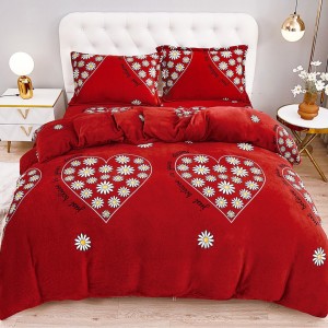 Lenjerie pentru Pat Dublu, Cocolino Premium, 4 Piese – Plușată, Groasă, și Călduroasă, Ideală pentru Iarnă –  Confort Maxim, Antișifonare, Roșu, Alb, inimioare