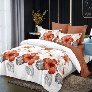Lenjerie pat dublu,  FINET, cu elastic, 6 piese, Caramiziu, frunze