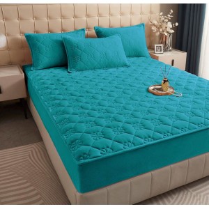 Husã matlasatã tip topper din catifea, 160x200cm + 2 fete de perna 50x70cm, albastru