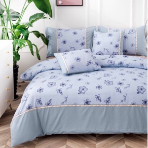 Lenjerie pat dublu,  Finet, CEARSAF CU ELASTIC, 6 piese, Albastru, model floral