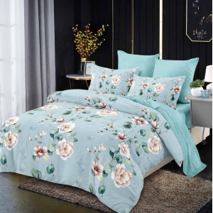 Lenjerie pat dublu,  FINET, cu elastic, 6 piese, Bleu, flori