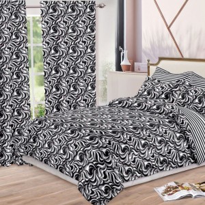 Lenjerie pat dublu,  FINET, 8 piese, cu 2 DRAPERII INCLUSE, Alb, Negru, model clasic