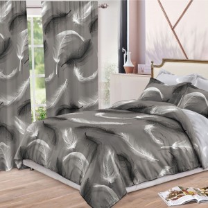 Lenjerie pat dublu,  FINET, 8 piese, cu 2 DRAPERII INCLUSE, Gri, Alb, pene