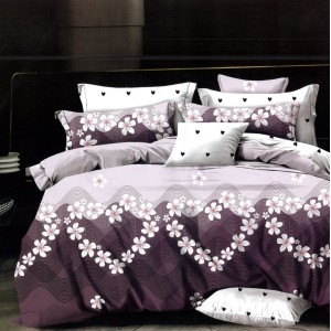 Lenjerie pat dublu,  FINET, 6 piese, cu ELASTIC, Mov, flori, inimioare