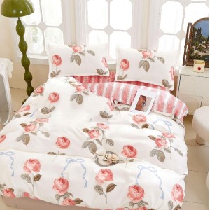 Lenjerie pat 1 PERSOANA, FINET, 4 piese, Roz, trandafiri, fundite