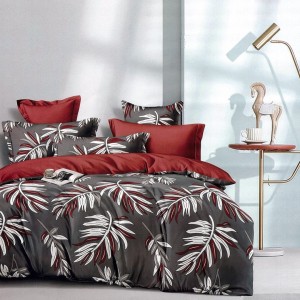 Lenjerie pat dublu,  FINET, 6 piese, cu ELASTIC, Gri, frunze