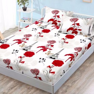 Cearsaf cu elastic, FINET, 180x200cm, 2 fete de perne 50x70cm, Alb-Rosu, trandafiri, turnul Eiffel, fluturi