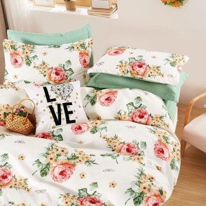 Lenjerie pat dublu,  FINET, 6 piese, Verde, flori