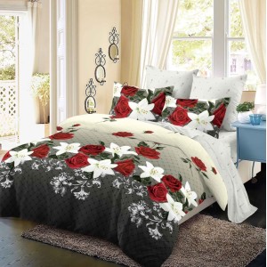 Lenjerie pat dublu,  FINET, 6 piese, Gri-Rosu, flori