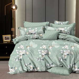 Lenjerie pat dublu,  FINET, 6 piese, Verde, flori