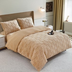 Lenjerie de Pat Dublu, CoCoLiNo Ultra Pufoasă, 4 piese, Cearșaf cu ELASTIC, cu Fagure 3D – Somn Regal în Confort Absolut, Bej