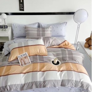 Lenjerie pat dublu,  FINET, 6 piese, cu ELASTIC, Gri, carouri