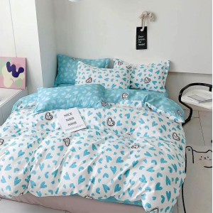 Lenjerie pat dublu,  FINET, 6 piese, cu ELASTIC, Bleu, inimioare