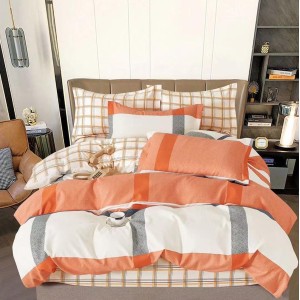 Lenjerie pat dublu,  FINET, 6 piese, cu ELASTIC, Portocaliu, carouri