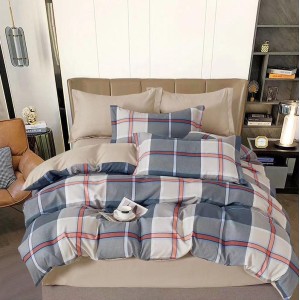 Lenjerie pat dublu,  FINET, 6 piese, cu ELASTIC, Bej-Gri, carouri