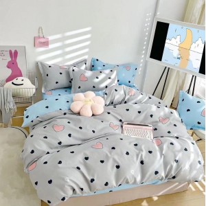 Lenjerie pat dublu,  FINET, 6 piese, cu ELASTIC, Gri, inimioare