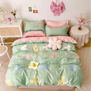 Lenjerie pat dublu,  FINET, 6 piese, cu ELASTIC, Verde, flori