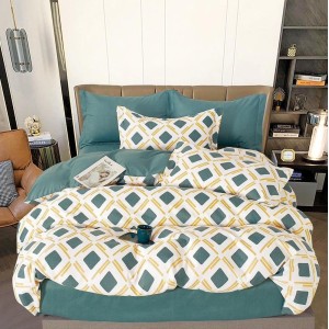 Lenjerie pat dublu,  FINET, 6 piese, cu ELASTIC, Verde, romburi