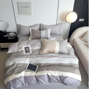 Lenjerie pat dublu,  FINET, 6 piese, cu ELASTIC, Gri, dungi