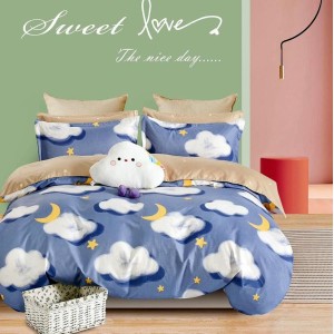 Lenjerie pat dublu,  FINET, 6 piese, cu ELASTIC, Albastru, norisori, stelute