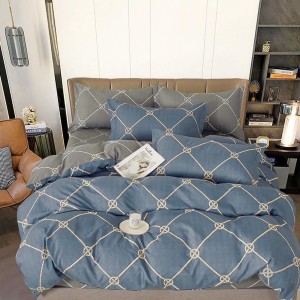 Lenjerie pat dublu,  FINET, 6 piese, cu ELASTIC, Gri albastrui, romburi