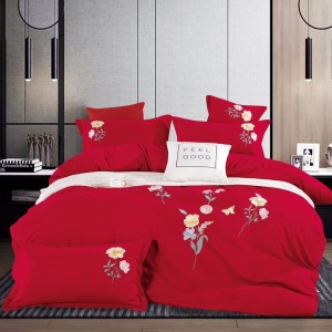 Lenjerie de Pat Dublu cu Elastic, Bumbac Satinat Deluxe, 4 Piese, Rosu - Moale, Rezistentă, Ușor de Întreținut