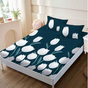 Cearsaf cu elastic, FINET, 160x200cm, 2 fete de perne 50x70cm, Alb-Turquoise, lalele